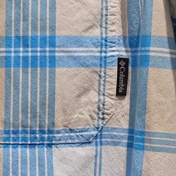 Columbia Men's Plaid Short Sleeve Button-Up Shirt L Beige & Blue Cotton - Picture 3 of 6